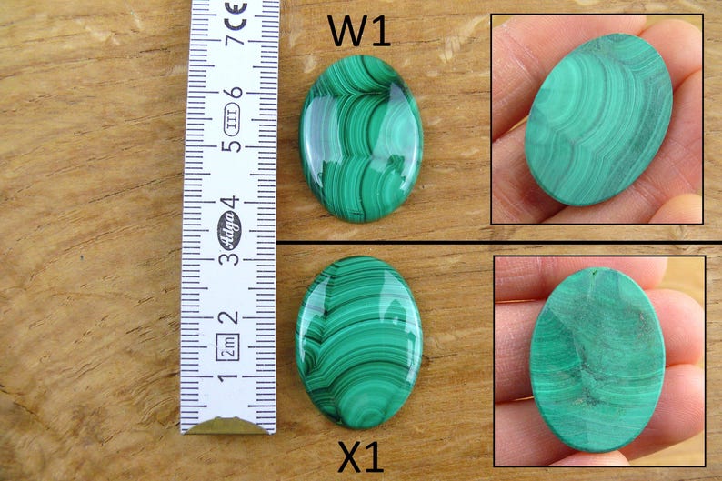 May include: Two oval-shaped malachite gemstones with a vibrant green color and unique swirling patterns. A ruler shows the approximate size of the stones. The gemstones are labeled "W1" and "X1".