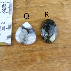 May include: Two polished cabochon gemstones labeled Q and R. Gemstone Q is teardrop-shaped with white, gray, and black marbling. Gemstone R is oval-shaped with dark green, black, and white patterns. A ruler shows the scale in centimeters.