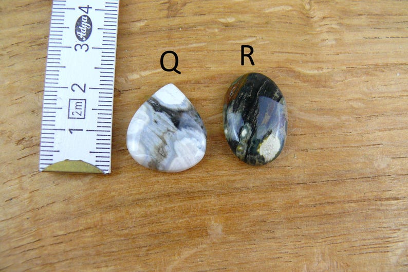 May include: Two polished cabochon gemstones labeled Q and R. Gemstone Q is teardrop-shaped with white, gray, and black marbling. Gemstone R is oval-shaped with dark green, black, and white patterns. A ruler shows the scale in centimeters.