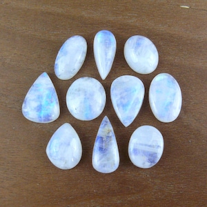 Può includere: Una collezione di dieci cabochon di pietra di luna lucidati in varie forme, tra cui ovale, rotonda e a goccia. Ogni gemma presenta un aspetto bianco traslucido con riflessi blu iridescenti visibili sulle superfici lisce e bombate.