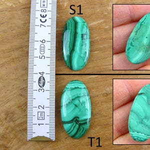 May include: Two oval-shaped malachite stones with green and black patterns. One stone is labeled "S1" and the other "T1". A ruler is placed next to the stones, showing measurements in centimeters. The stones are displayed on a wooden surface.