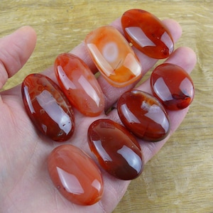 Könnte beinhalten: Eine Sammlung polierter, oval geformter Karneolsteine in Rot-, Orange- und Brauntönen. Die Steine sind glatt und glänzend, mit natürlichen Mustern und Farbvariationen. Die Steine werden in einer Hand gehalten.