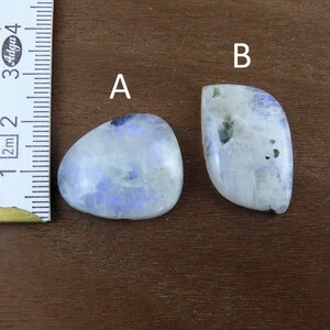Puede incluir: Dos piedras de luna pulidas, etiquetadas A y B, con una regla para la escala. La piedra A tiene forma ovalada, mientras que B tiene una forma m&aacute;s irregular. Ambas piedras tienen una base blanca lechosa con inclusiones azules y negras.