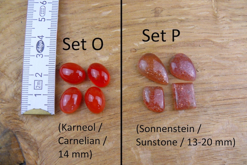 May include: Two sets of polished gemstones. Set O features four carnelian stones, each measuring 14 mm. Set P features five sunstone stones, ranging in size from 13 to 20 mm.