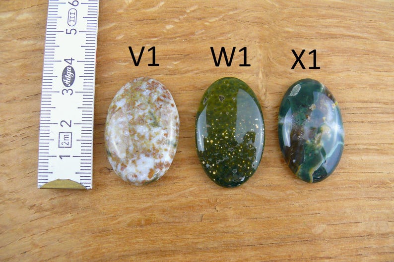 Op de afbeelding: Drie ovaalvormige gepolijste edelstenen gelabeld V1, W1 en X1, geplaatst naast een witte liniaal met metrische maten. V1 is wit en bruin, W1 is donkergroen met gouden spikkels en X1 is donkergroen met bruine en witte wervelingen.