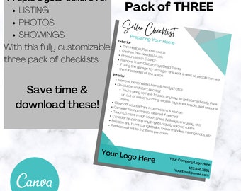 May include: A pack of three digital seller checklists for preparing a home for sale. The document features sections for exterior and interior tasks, with space for a company logo, phone number, and email address at the bottom in teal and black text.
