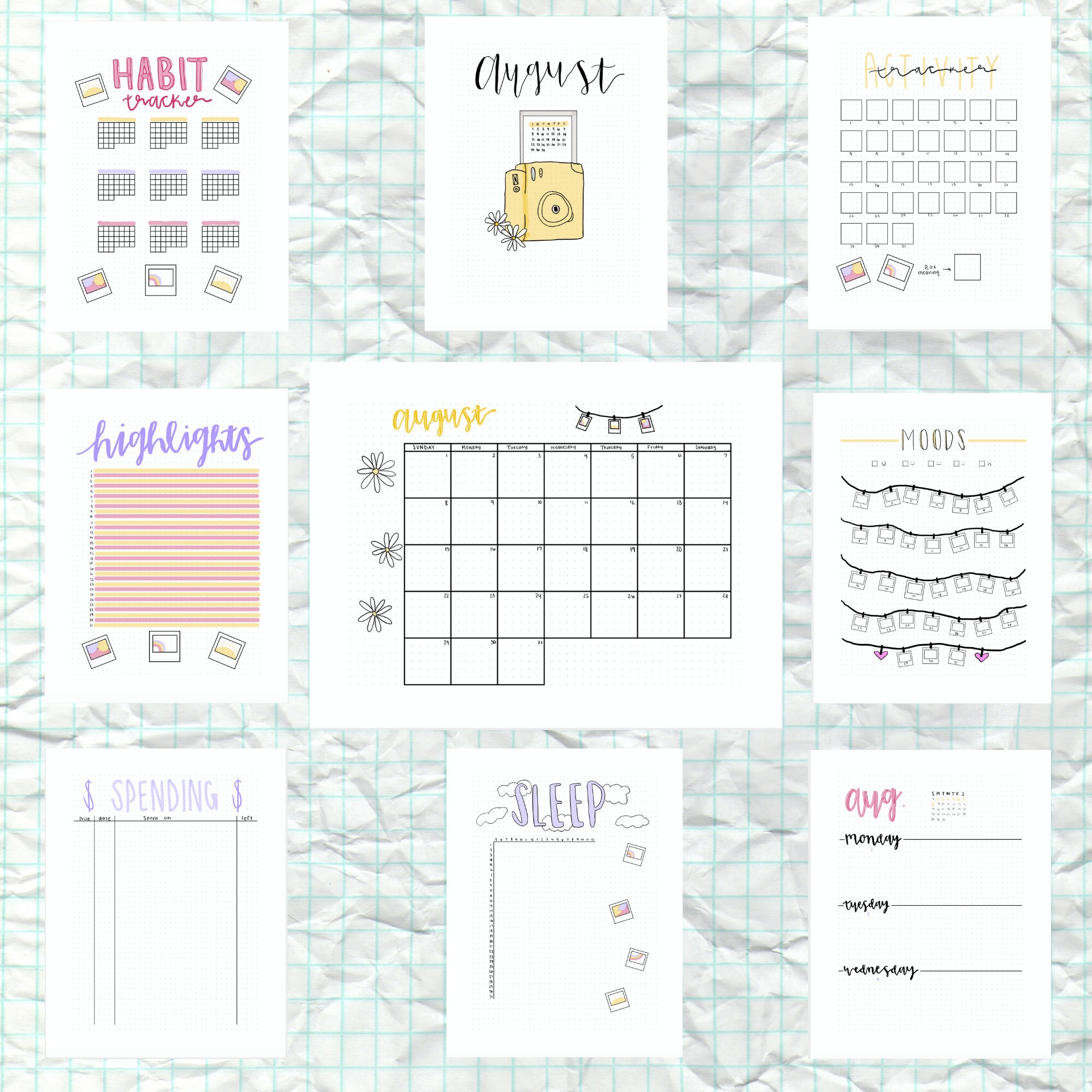 Colored August 2021 Digital-Made Downloadable Bullet Journal Pages