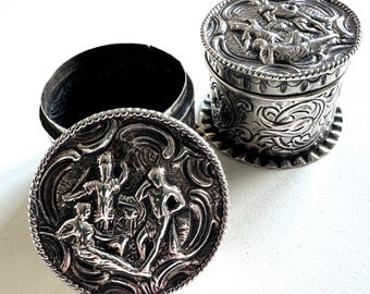 Antique Victorian 1880 London Hallmarked Pair of Sterling Silver Ornate Powder Trinket Boxes