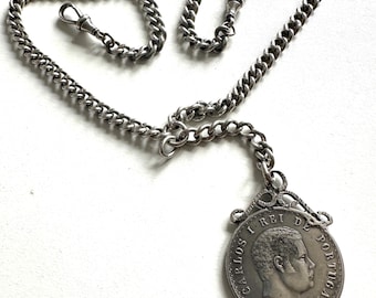 Antique c1900 Solid Sterling Silver Passant on Every Link Double Albert Watch Chain Necklace 1891 Portugal Coin