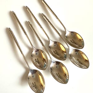 Può includere: Un set di sei cucchiai d'argento. Ogni cucchiaio ha un manico lungo e sottile con una punta e una ciotola arrotondata. I cucchiai sono disposti diagonalmente su uno sfondo bianco, riflettendo la luce.