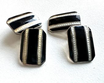 Art Deco Bom Priaur Sterling Silver Black Enamel Pair of Cufflinks