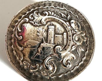 Antique German Solid Silver Castle Scene Snuff / Patch / Pill / Trinket Box
