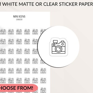 Könnte beinhalten: Ein Bogen mit Mini-Kamera-Symbolen in Schwarz und Weiß. Der Text "MINI ICONS" und "CAMERA" steht oben. Der Text "AVAILABLE IN PREMIUM WHITE MATTE OR CLEAR STICKER PAPER" steht über dem Bogen. Der Text "OVER 200 ICONS TO CHOOSE FROM!" steht unten.