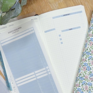 Puede incluir: Una agenda abierta con páginas de cuadrícula azules y blancas, una cubierta con estampado floral e inserciones azules. La agenda está abierta en una página con cuadros y líneas azules. La cubierta tiene un patrón de flores azules y rosas y hojas verdes.