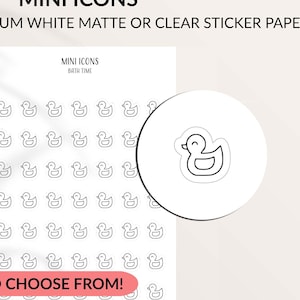 May include: Sheet of white stickers featuring a repeating pattern of outline drawings of a rubber duck. The sheet includes the text "MINI ICONS" and "BATH TIME". The text "OVER 200 ICONS TO CHOOSE FROM!" is also visible.