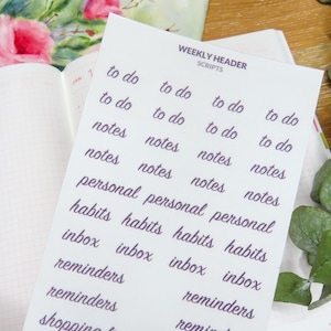 May include: An open planner with a floral cover, next to a sheet of stickers with words like "to do" and "notes" in a dark blue script. The stickers are for weekly planning. The date "Jan 18" is visible.