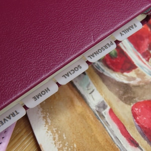 May include: A burgundy leather-bound planner with white tab dividers labeled "TRAVEL", "HOME", "SOCIAL", "PERSONAL", and "FAMILY". The planner is partially open, revealing a watercolor painting of red strawberries.