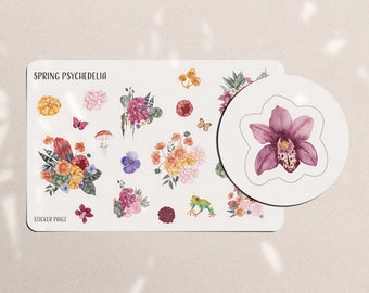 Könnte beinhalten: Eine Blatt mit Aufklebern mit einem psychedelischen Frühlingsmotiv. Die Aufkleber zeigen verschiedene Blumen, Schmetterlinge, Pilze und einen Frosch. Das Blatt enthält auch den Text "Spring Psychedelia" und "Sticker Page".