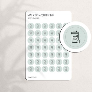 May include: A sticker sheet with mini icons for Compost Day in Sprout Green. The stickers feature a compost bin with a leaf, repeated in a circular design. The text "Mini Icons - Compost Day" and "Sprout Green" are visible.