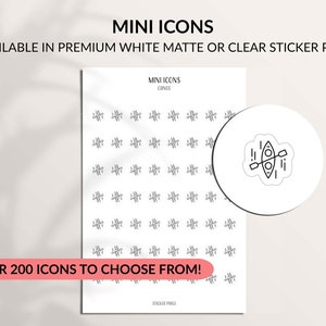 Könnte beinhalten: Ein Bogen weißer Aufkleber mit einem sich wiederholenden Muster aus kleinen schwarzen Symbolen. Der Text "MINI ICONS" und "OVER 200 ICONS TO CHOOSE FROM!" sind sichtbar. Ein runder Aufkleber zeigt ein Kajak-Symbol.