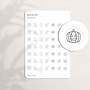 May include: A sheet of Halloween-themed mini icons in black and white. The icons include a Frankenstein's monster, witch hat, ghost, spider web, and a pumpkin. The sheet is labeled "Mini Icons Halloween" and "Sticker Page."