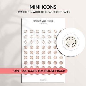 May include: A sheet of white sticker paper with over 200 mini smiley face icons. The icons are in various shades of brown and gray. The text "MINI DOTS MOOD TRACKER PALETTE ONE" is at the top of the sheet. The text "OVER 200 ICONS TO CHOOSE FROM!" is at the bottom of the sheet.