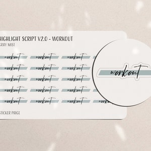 May include: A set of stickers with the text "workout" in a handwritten script style. The stickers are white with a light blue accent. The text "HIGHLIGHT SCRIPT V2.0 - WORKOUT" and "GRAY MIST" are also visible.