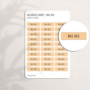 Op de afbeelding: Een stickervel met rechthoekige stickers met de tekst "BILL DUE" in een schreefletter. De stickers zijn abrikooskleurig met een bruine rand. Het vel is getiteld "RECTANGLE SCRIPT - BILL DUE" en "APRICOT CREAM".