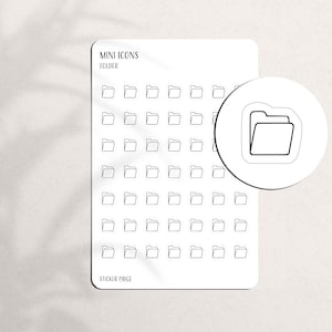 May include: A sheet of white stickers with black line art folder icons. The sheet has the text "MINI ICONS FOLDER" and "STICKER PAGE". A circular sticker with a folder icon is also included.