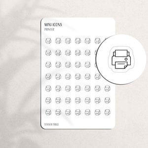 Könnte beinhalten: Ein Stickerbogen mit vielen kleinen Drucker-Symbolen in Schwarz und Weiß. Auf dem Bogen stehen die Worte "MINI ICONS PRINTER" und "STICKER PAGE". Ein runder Aufkleber mit einem Drucker-Symbol ist ebenfalls vorhanden.