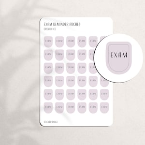May include: A sheet of exam reminder stickers in Orchid Ice. Each sticker is a light purple arch shape with the word "EXAM" in black. A close-up shows the sticker design. The sheet is labeled "EXAM REMINDER ARCHES" and "STICKER PAGE".