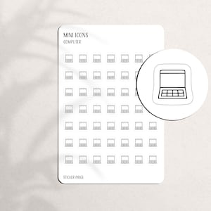 May include: A sheet of white stickers with black line art illustrations of laptops. The stickers are labeled "Mini Icons Computer" and "Sticker Page". A larger laptop icon is in a white circle.