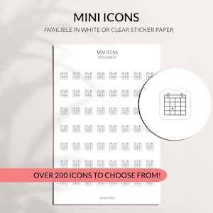 Könnte beinhalten: Ein Blatt durchsichtiges Klebepapier mit über 200 Mini-Icons, darunter ein Kalendersymbol. Das Blatt ist mit "Mini Icons" und "Termin" beschriftet.