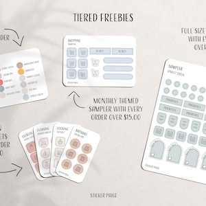May include: An image showcasing various sticker sheets with the text "TIERED FREEBIES." Includes color palettes, shopping samplers, mini icon sheets, and a full-size sticker sheet. The image also contains the text "STICKER PAIGE."