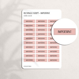 May include: A sheet of coral-colored rectangle stickers with the word "IMPORTANT" printed in black. The stickers are arranged in rows and columns. The text "RECTANGLE SCRIPT - IMPORTANT" and "CORAL CLOUD" are at the top. A close-up shows the sticker detail.