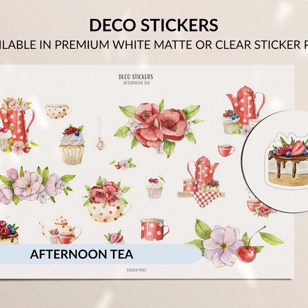 AFTERNOON TEA | Planner Stickers | Diary Stickers | Deco Stickers | Watercolour Stickers | Tea cup | Red Dotted Kettle | Flowers | Cupcakes