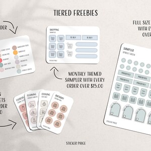 May include: An image showcasing various sticker sheets with the text "TIERED FREEBIES." Includes color palettes, shopping samplers, icon sheets, and a full-size sticker sheet. The image also contains text such as "Included with every order" and "Monthly themed sampler with every order over $15.00."
