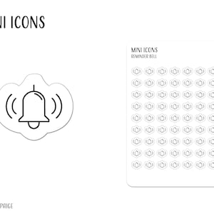 Puede incluir: Una hoja de pegatinas con un icono de campana de recordatorio. Las pegatinas son en blanco y negro, con el texto "MINI ICONS" en la parte superior y "Reminder Bell" en la hoja. El diseño muestra una campana con ondas de sonido.