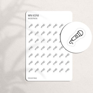 May include: A sheet of white sticker paper with a grid of 49 black and white microphone icons. The text "MINI ICONS MICROPHONE" is at the top of the sheet and "STICKER PAGE" is at the bottom.