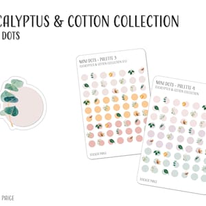 Może przedstawiać: Dwa arkusze papieru samoprzylepnego z mini kropkami w różnych odcieniach różu, pomarańczy i zieleni. Arkusze są oznaczone "Mini Dots - Palette 3 Eucalyptus & Cotton Collection V1.0" i "Mini Dots - Palette 4 Eucalyptus & Cotton Collection".