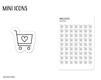 May include: Black and white sticker sheet with shopping cart icons. Each cart has a heart inside. The words "MINI ICONS" and "SHOPPING" are printed on the sheet. The words "STICKER PAIGE" are also printed on the sheet.