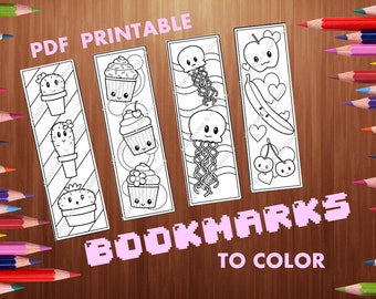 Puede incluir: Cuatro marcapáginas imprimibles con personajes lindos para colorear. Los marcapáginas presentan un cactus, cupcakes, una medusa y un plátano con cerezas. El texto "PDF Printable Bookmarks to Color" está en la parte inferior de la imagen.