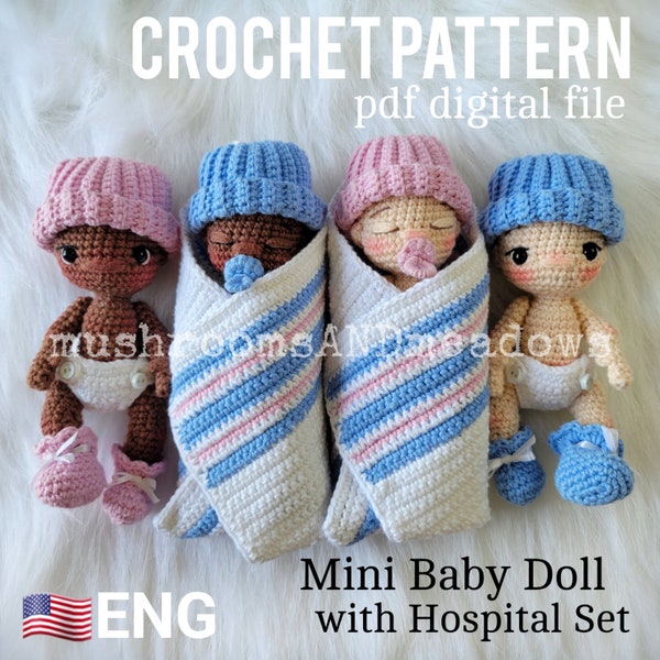 HÄKELMUSTER: Süße Handvoll Mini Baby Puppe mit Krankenhaus Set