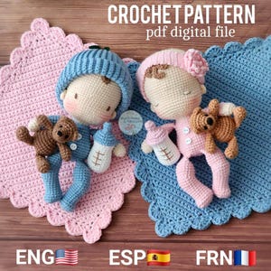 May include: Two crocheted baby dolls, one blue and one pink, each holding a bottle and a teddy bear. They are lying on matching crocheted blankets. The image includes the text "CROCHET PATTERN pdf digital file".