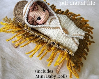 May include: Crochet pattern for a baby Jesus doll in a manger. The doll is white with gold trim and is lying in a manger made of yellow and brown yarn. The pattern includes instructions for making the doll and the manger. ENG Baby Jesus (includes Mini Baby Doll)