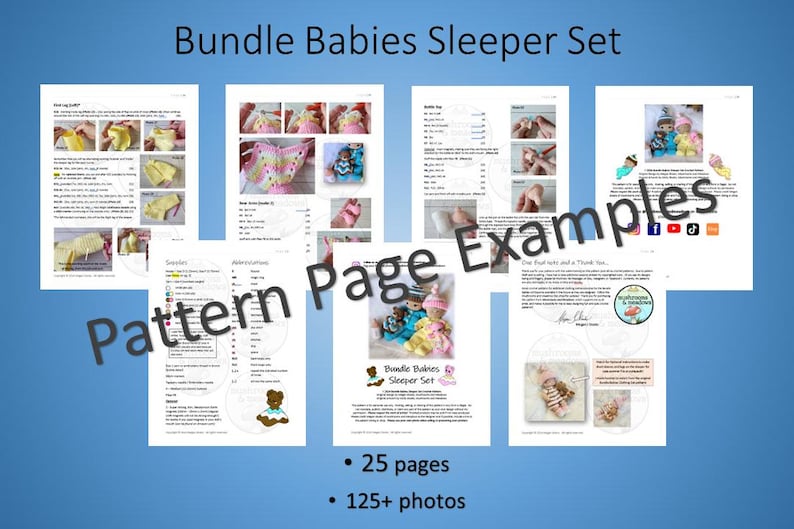 May include: A crochet pattern book for making baby sleepers. The cover shows a colourful crocheted sleeper with a pink and white striped pattern. The book includes 25 pages and over 125 photos. The title of the book is "Bundle Babies Sleeper Set".