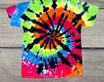 Tie Dye Black and Rainbow Shirt/ Handmade Tie-Dye Spiral Tee