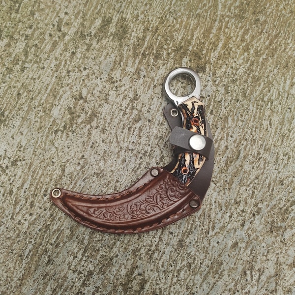 Ethnic Karambit Traditional Knife Minangkabau Sumatera Deer Antler Motif (Resin) With Cowhide Sheath