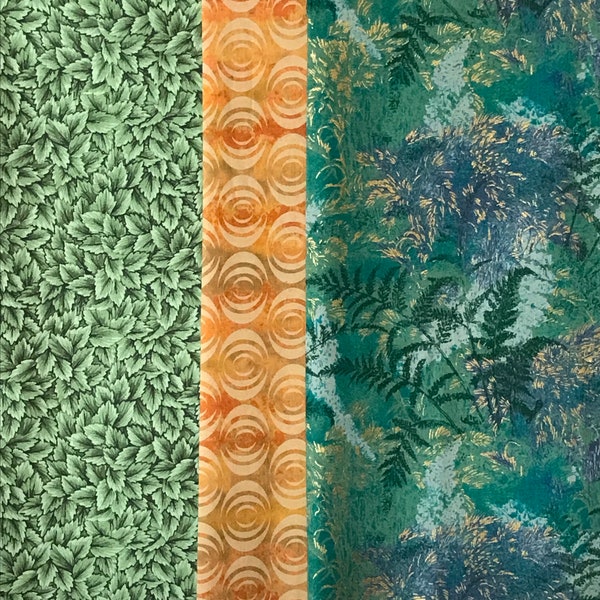 3 Pack - 1/2 Yards - Cotton Quilt Fabric Orange Circles Green Leaves Ferns