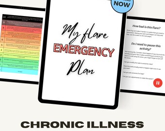 May include: A digital printable guide titled "My Flare Emergency Plan" with a rainbow color scheme. The guide is designed to help manage symptoms of chronic illness, specifically brain fog. The text "DOWNLOAD NOW" appears in a red box at the top right corner of the image.
